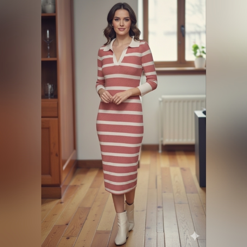 Heavyweight Ribbed Knit Striped Bodycon Dress Large (New)